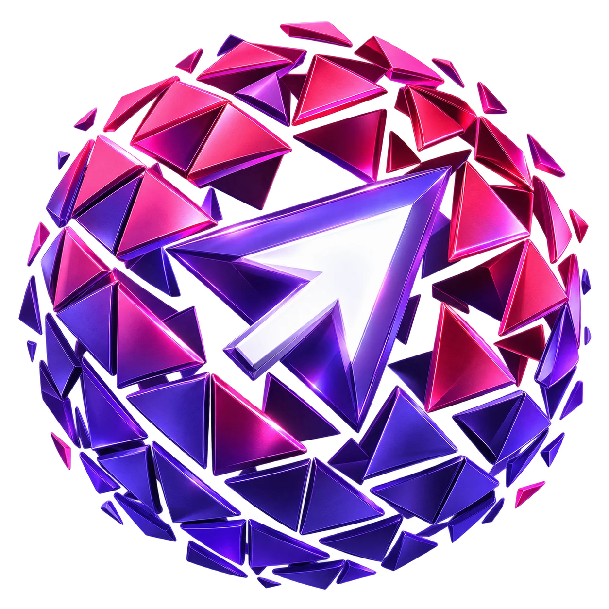 Esfera fragmentada em roxo e magenta com seta branca