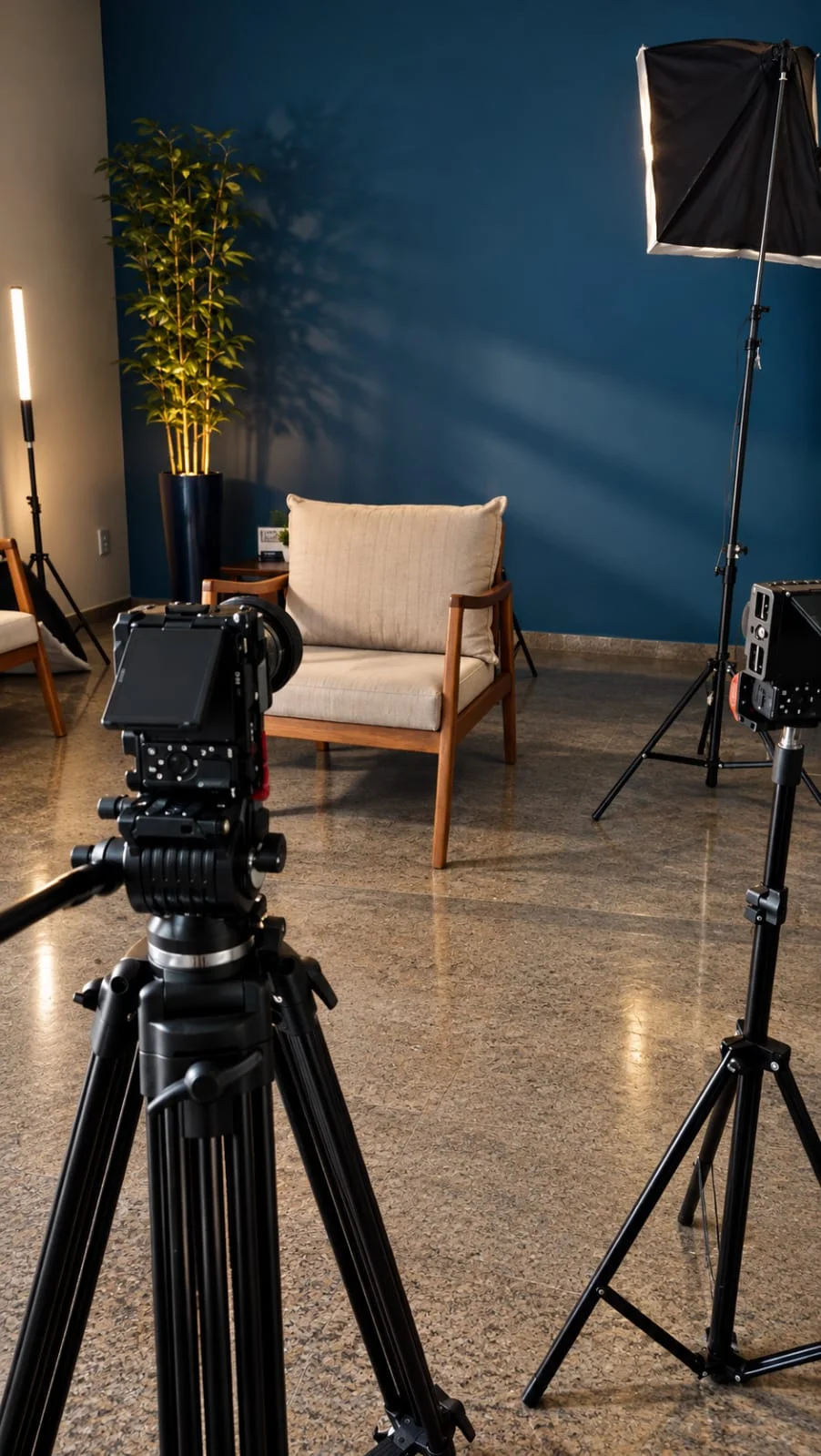 Estrutura de câmeras e iluminação preparada para entrevista